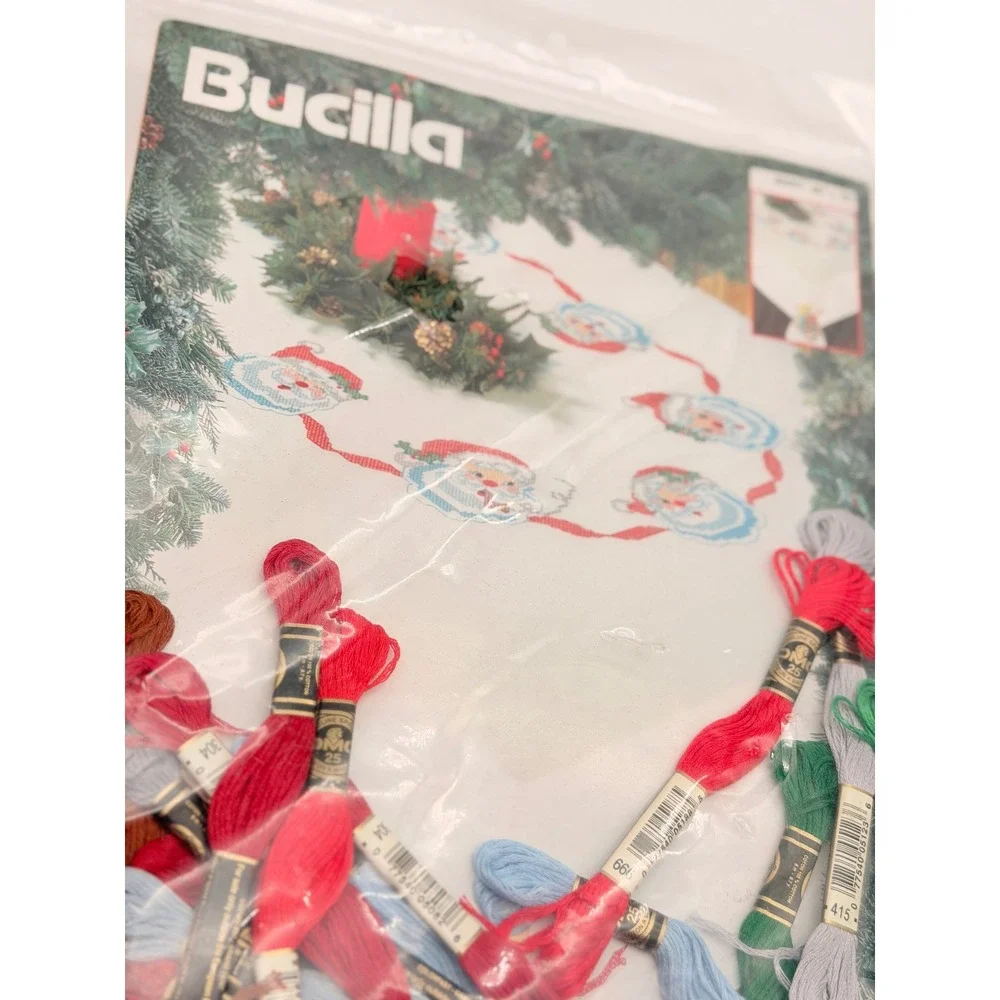 Bucilla Jolly Santas Stamped Cross Stitch Tablecloth Kit 83261 52x70 Christmas